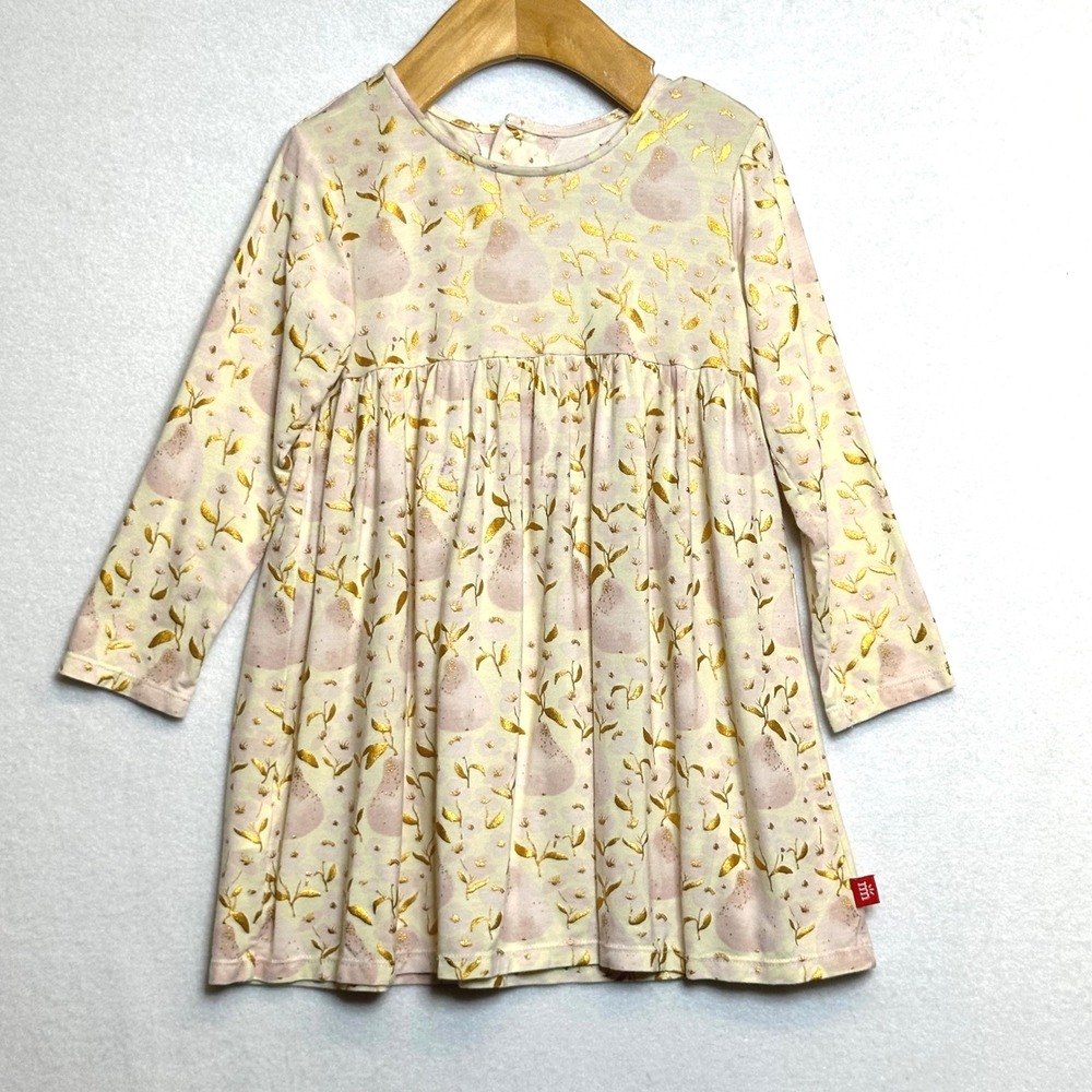 Magnetic Me Dress Girls 2T Pink Gold Pear Floral Foil Magnetic Back Long Sleeve